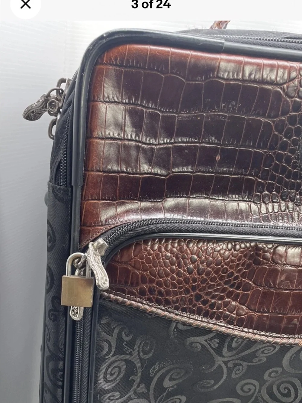 Brighton Black & Choc Croc Leather 22” Carry-on Luggage Rolling Wheels Suitcase